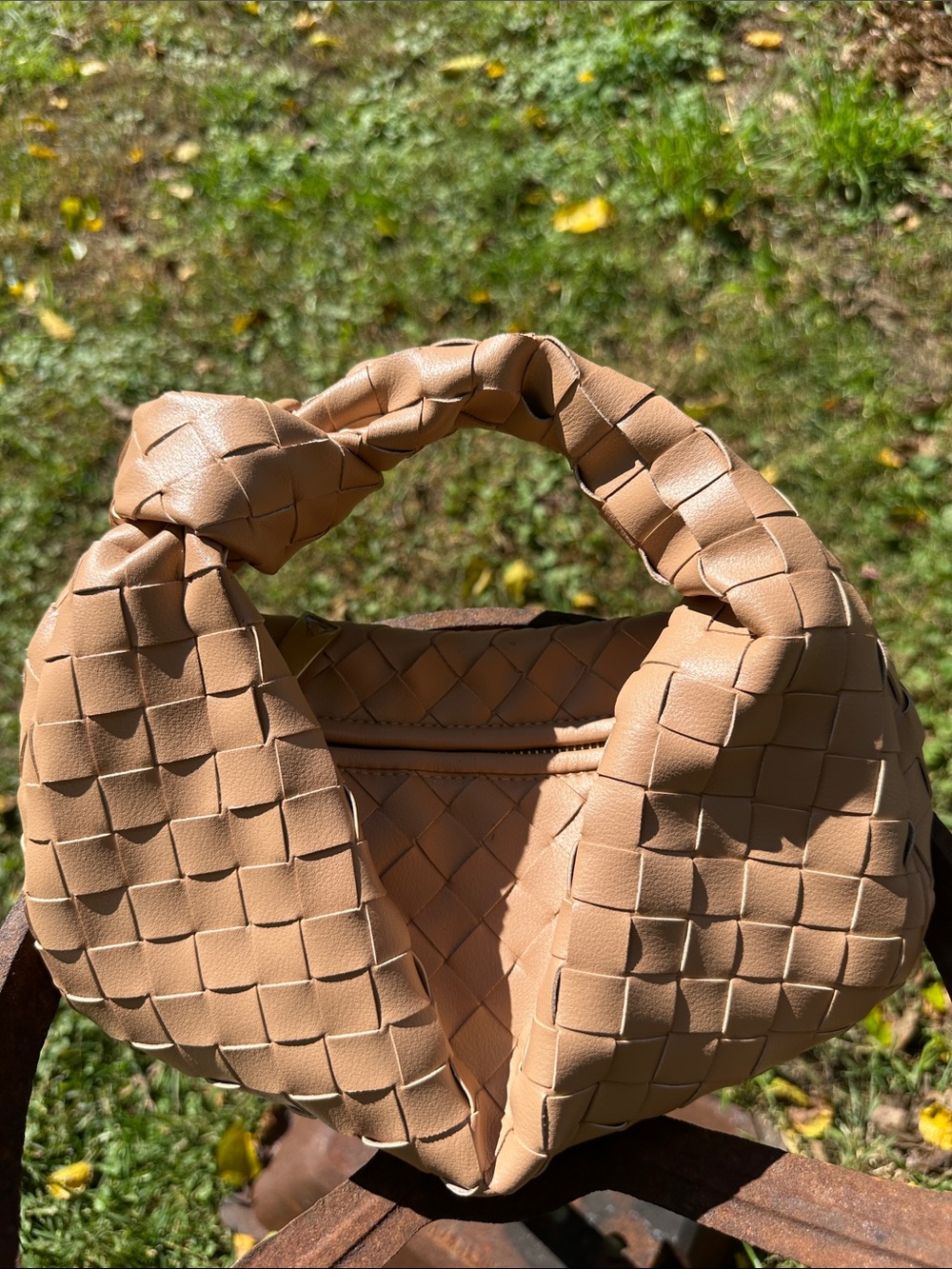 Woven Knot-Top Shoulder Bag in Tan